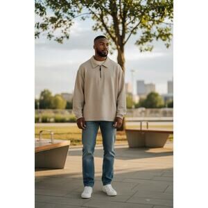 *TURNBERRY* Beige Long-Sleeve Quarter Leather-Zip Pullover Shirt Men's XXL